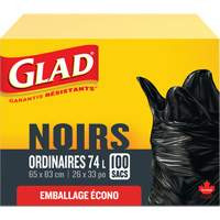 Sacs &agrave; ordures 74 L, R&eacute;gulier, 26" la x 33" lo, Noir PR Distribution