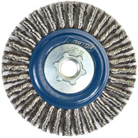 Brosse &agrave; fils nou&eacute;s pour cordons de soudure pour meuleuse angulaire, Dia. 4", Fils 0,02", Arbre 5/8"-11, Acier inoxydable PR Distribution