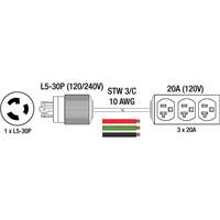 Rallonge pour g&eacute;n&eacute;ratrice avec triple fiche, STW, AWG 10, 3 prise(s), 25' PR Distribution